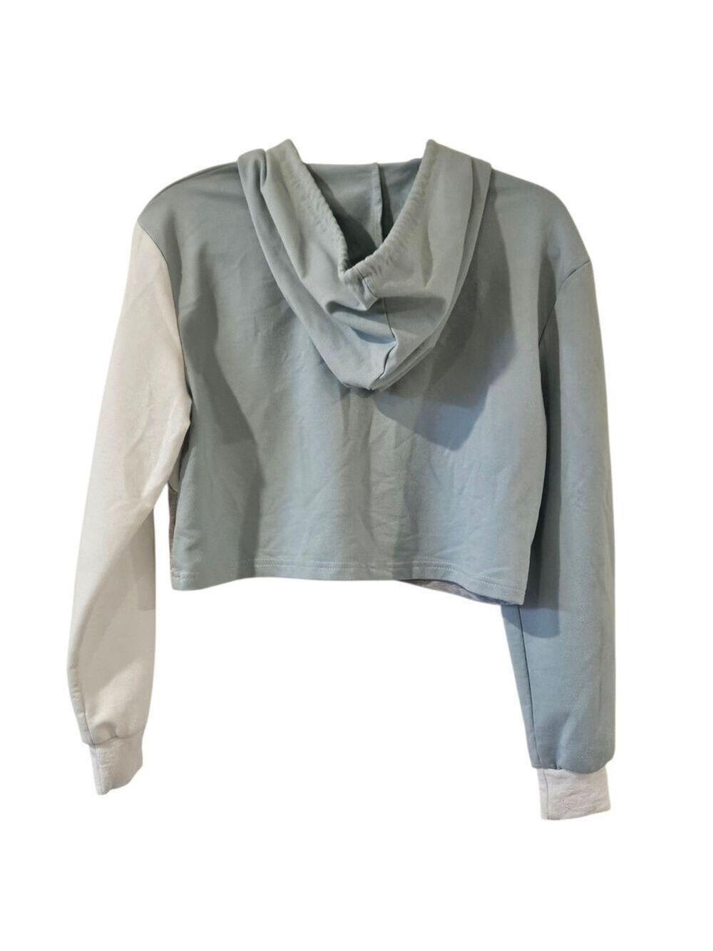 Cropped Hoodie Sweatshirt Size S Gray White Blue Long Sleeve - Picture 2 of 3